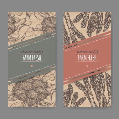 Taze kuşkonmaz ve brokoli ile iki etiket kümesi.