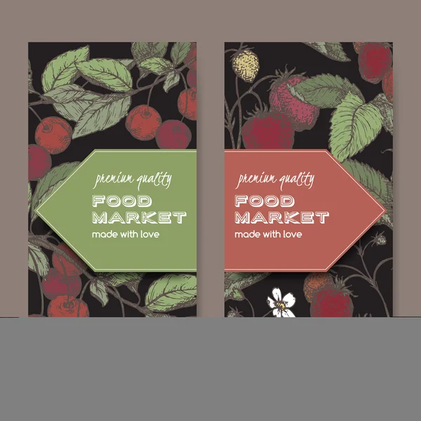 Zwei Lebensmittelmarktetiketten mit Kirschen und Erdbeeren Farbskizze. — Stockvektor