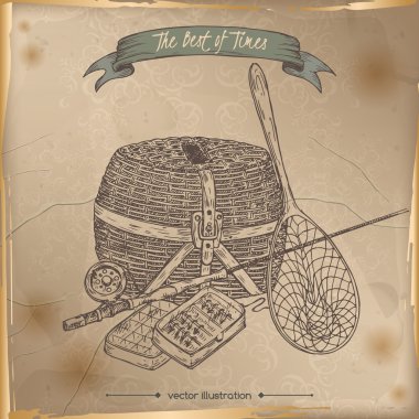 Antika balıkçı dişli kroki eski kağıt arka plan üzerine yerleştirilen.