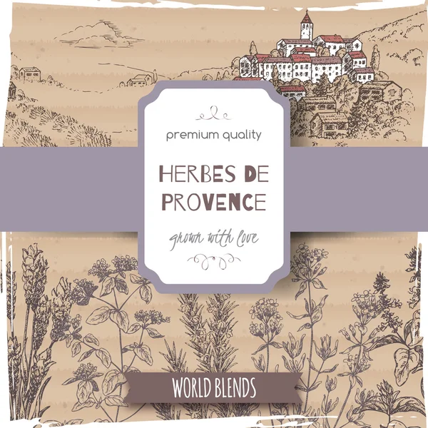 Etiqueta Herbes de Provence con lavanda, orégano, romero, tomillo, albahaca . — Vector de stock