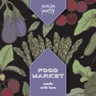 Çilek ve sebze siyah renk kroki ile etiket.