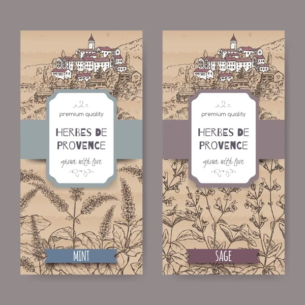Dos etiquetas de Herbes de Provence con ciudad, menta, boceto de salvia . — Archivo Imágenes Vectoriales