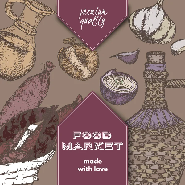 Etiqueta con salchichas, vino, aceite. ajo, boceto de color cebolla — Vector de stock
