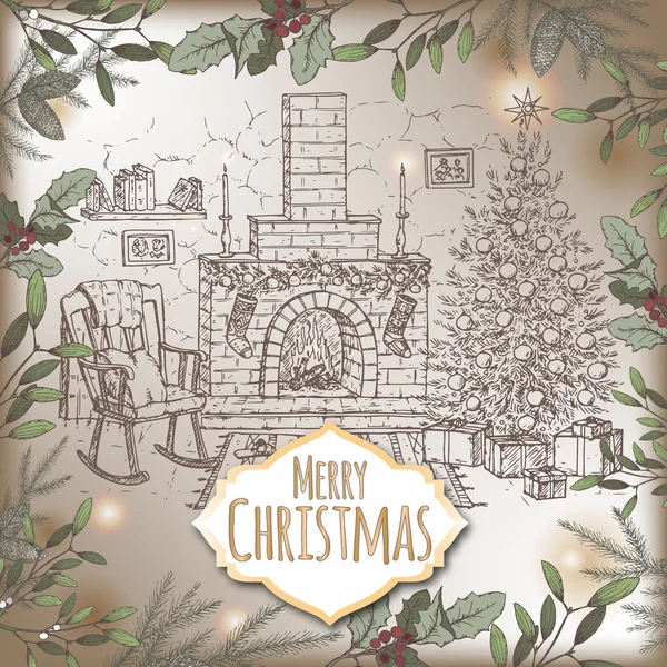 Carte de Noël avec cheminée et pin de couleur, cadre gui . — Image vectorielle