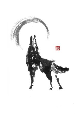 Uluyan kurt Japon tarzı orijinal sumi-e mürekkep resmi..