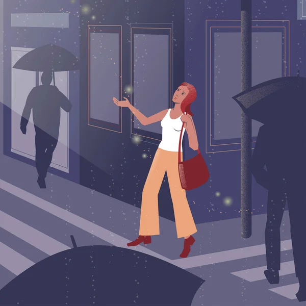 Ilustração vetorial de uma menina sob chuva de verão em uma cidade grande. — Vetor de Stock