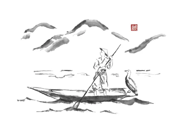 Fisherman on a boat Japanese style original sumi-e ink painting. — Stock Photo, Image