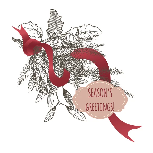 Tarjeta de felicitación navideña con rama de pino, muérdago y cinta — Vector de stock