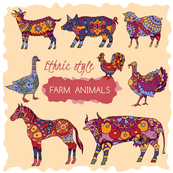 Etnik tarzda dekore edilmiş olan renkli çiftlik hayvanları kümesi. — Stok Vektör