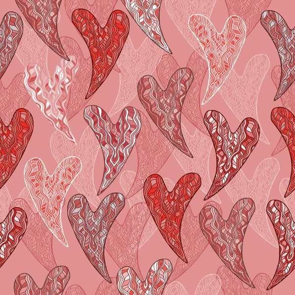 Romantic seamless pattern with pink and orange hearts in wave style. — Stock Vector