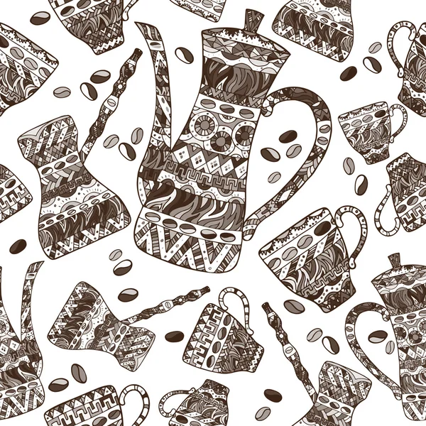Varrat nélküli mintát fehér és barna kávé edények és poharak. — Stock Vector