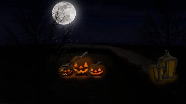 İllüstrasyon 3D: Cadılar Bayramı 'nda gece dehşeti manzarası