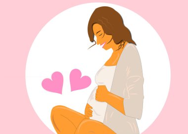 Oturan ve hamile bir kadın pastel arka planda, kalpleri olan.