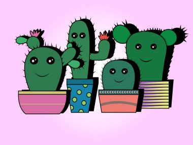 Pembe arka planda güzel bir animasyon kaktüsü kompozisyonu. Tekstil