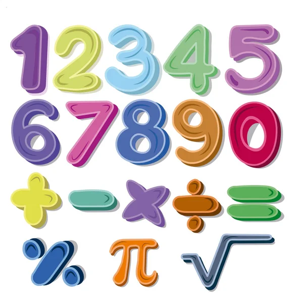 Vektör, sayılar kümesi ve renk dolu matematiksel işaretler, oyuklar, el sanatları, 1 'den 9' a numaralandırma ve farklı işaretlerle oynamak için ideal. çalışma ve illüstrasyonlar.