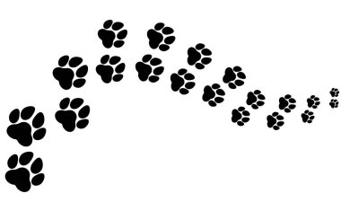Köpek izlerinin yol ve izleri uzaklaşıyor. Hayvan ayak izleri, siluet, köpek yavrusu, kartlar, desenler.