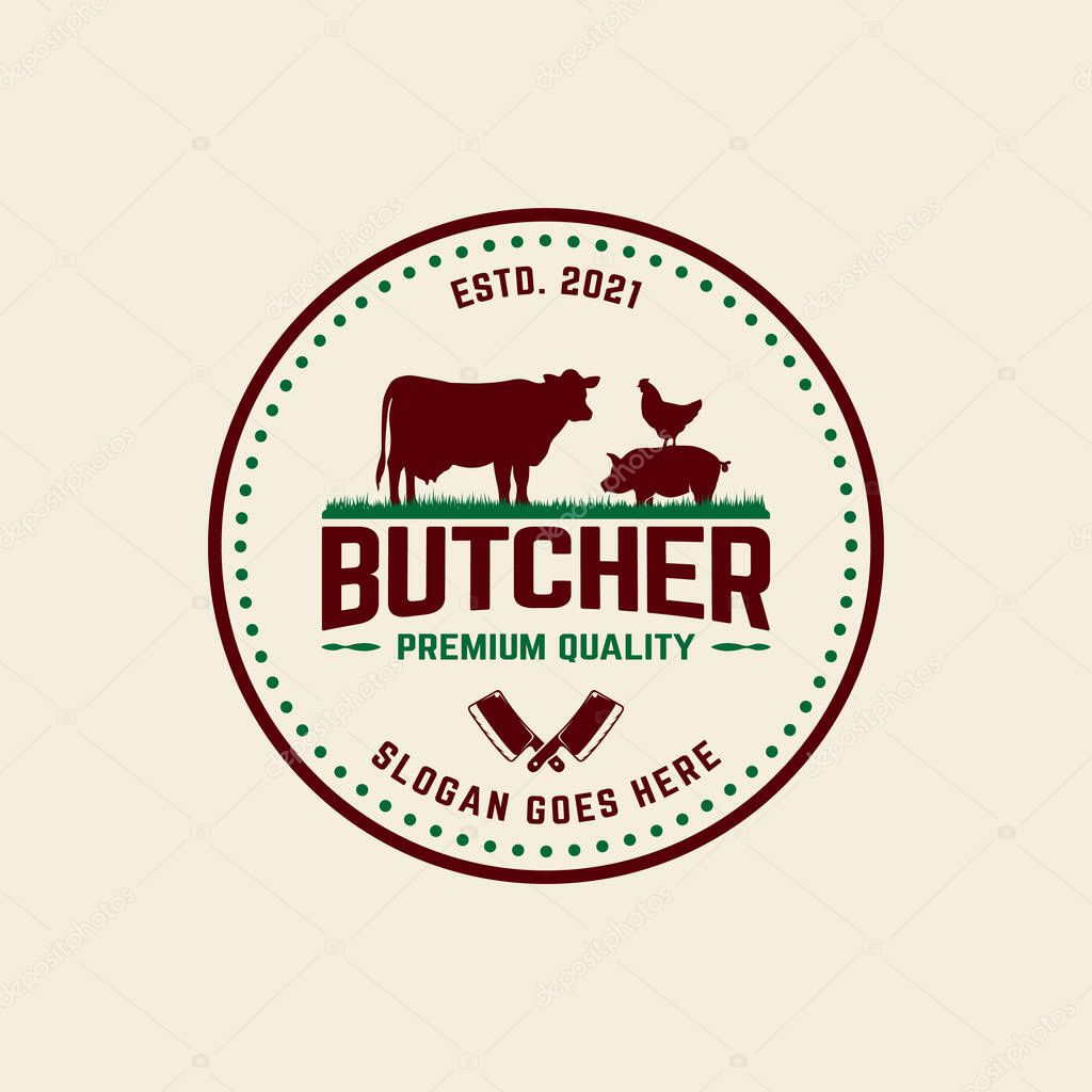 Vintage Butcher Badge Label Stamp Emblem with Symbol of Cow Pork Chicken. Suitable for Butchers Butchery Deli Beef Meat Shop Market in Hipster Retro Style Logo Design Template.