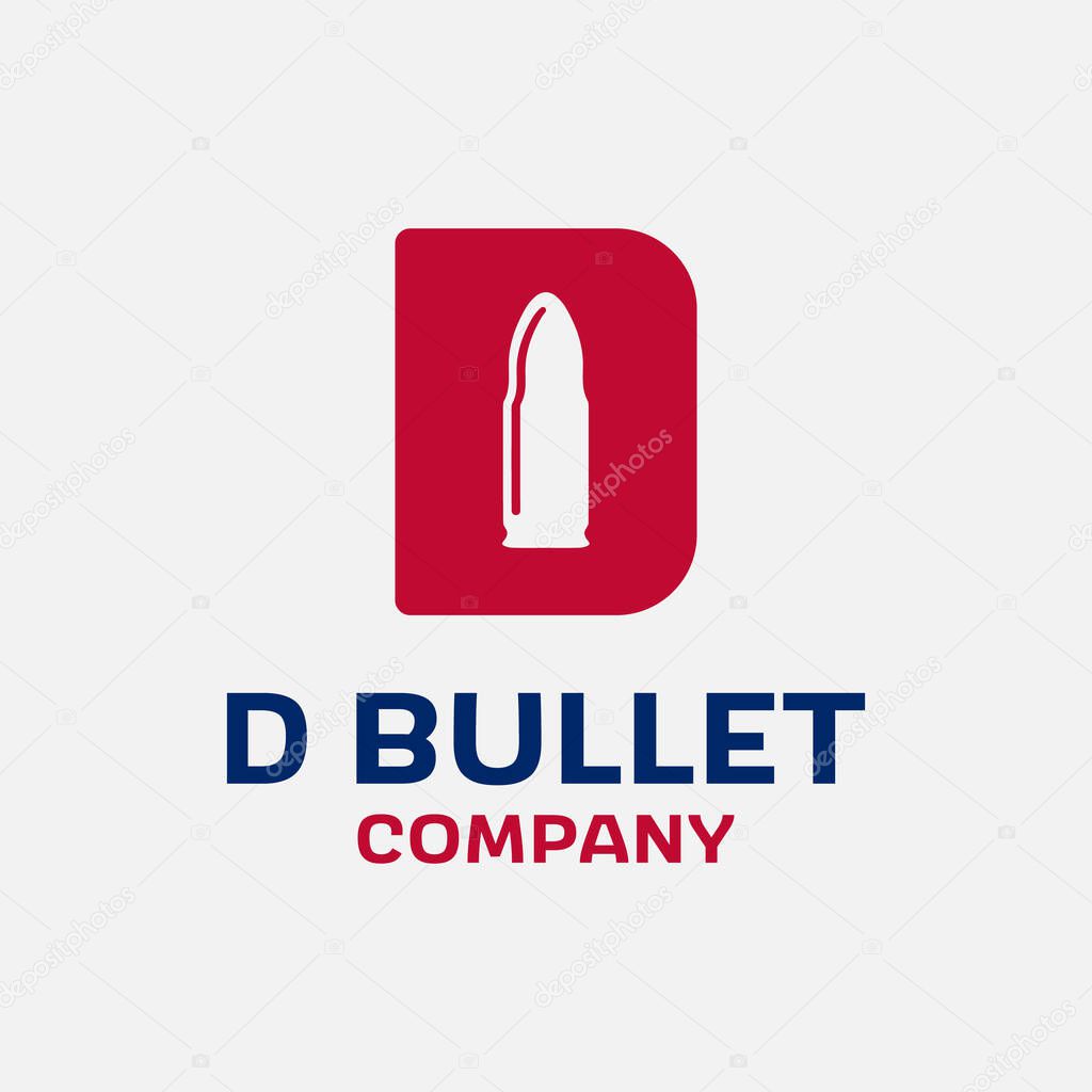 Letter Initial D with Bullet Projectile Cartridge Ammo for Gun Shop Armory Army Military Soldier Brand Business Company in Simple Flat Retro Logo Design Template.