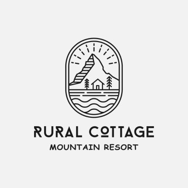 Cottage House and Mountain in Line Style Logo Tasarım Şablonu. Tarım Kasabası Kırsal İşletme Markası Şirket Rozeti Amblemi Logo Tasarımı İçin Uygun