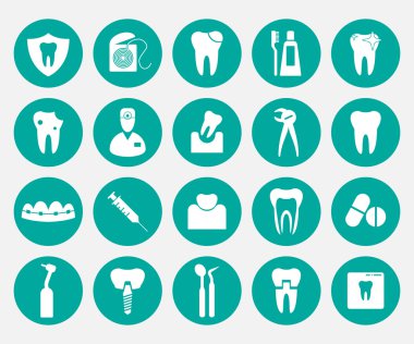 Set of white dental icons in green circles.