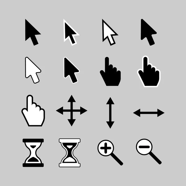 Set cursors icons: arrow, hand, hourglass, magnifier. — Stockvector