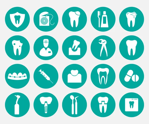 Set of white dental icons in green circles. — ストックベクタ