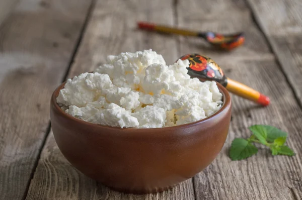 Queso casero cottage en un plato de barro —  Fotos de Stock