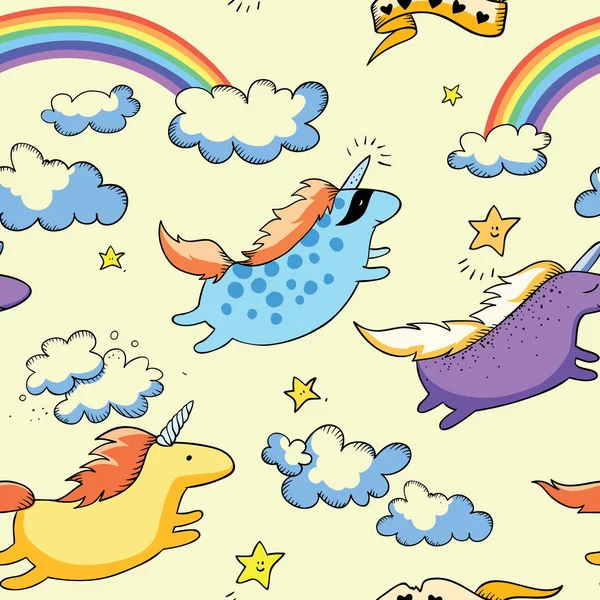 Flying unicorns and rainbow pattern — Stock Vector