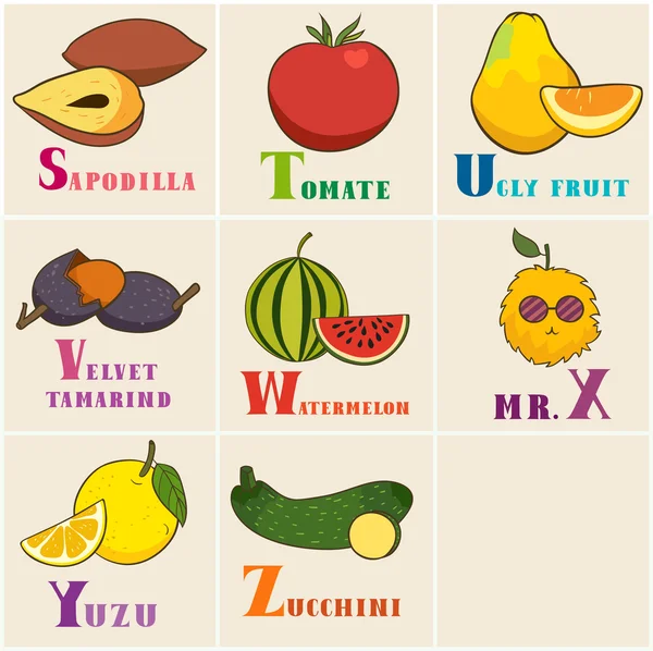 Alfabeto e conjunto de frutas — Vetor de Stock