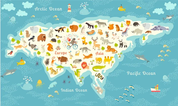 Mappa del mondo degli animali, Eurasia — Vettoriale Stock