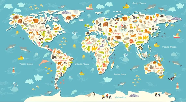 Animais mapa do mundo — Vetor de Stock