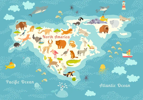 Mapa do mundo dos animais, América do Norte — Vetor de Stock