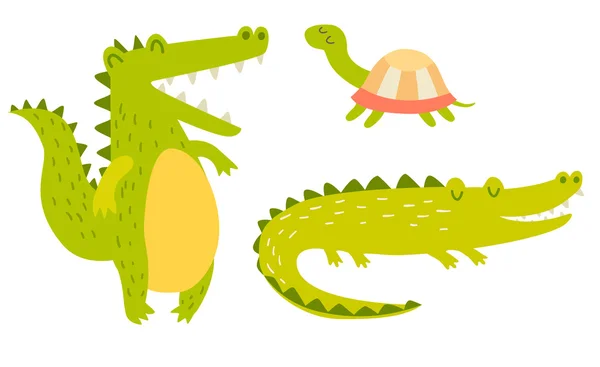 Cocodrilos lindos y familia de tortugas — Vector de stock