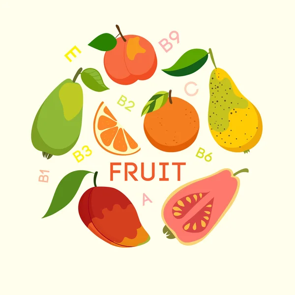 Alimentos saudáveis, frutas, celulose, vitaminas — Vetor de Stock