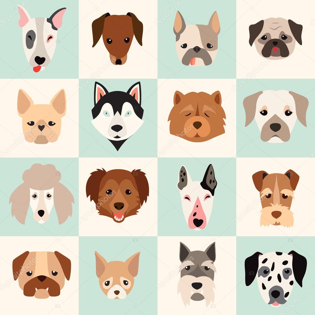 Set of cute dogs icons, vector flat illustrations. Popular dogs breeds, pattern, card, game graphics