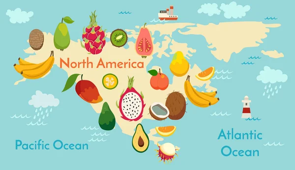 Mapa do mundo das frutas, América do Norte — Vetor de Stock