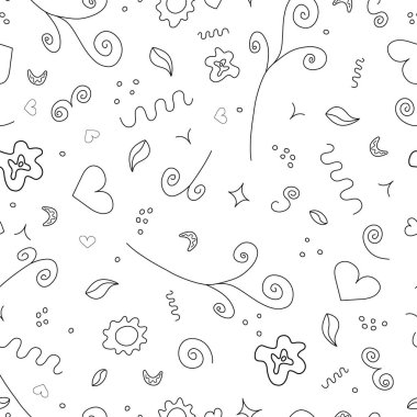 Not defterleri, tekstil ürünleri, bebek kıyafetleri, battaniyeler, yastıklar, süprüntüler, duvar kâğıdı, arkaplan ve diğer şeyler için beyaz arka planda soyut elementlere sahip desensiz vektör.