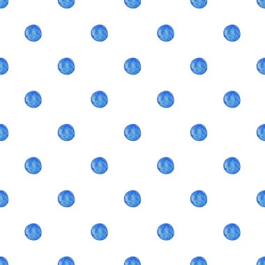 Beyaz zemin üzerinde mavi suluboya daireler olan kusursuz bir desen. Vektörsüz şirin desen