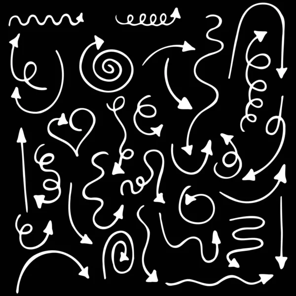 Setas do doodle do vetor, setas brancas desenhadas à mão no fundo preto —  Vetores de Stock