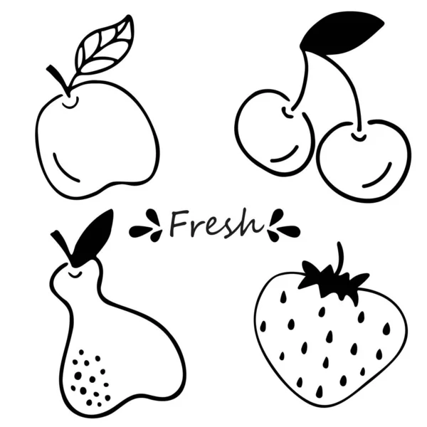 Conjunto de vectores de manzana fresca, pera, cereza y fresa. Juego de garabatos dibujados a mano de frutas y bayas — Vector de stock