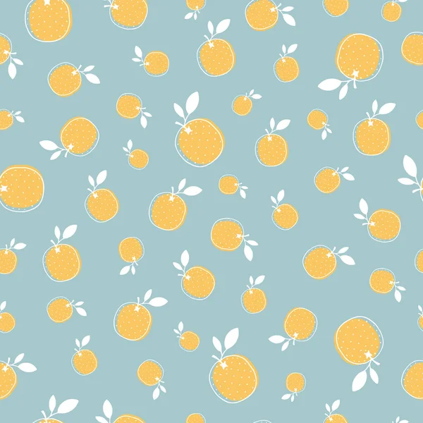 Modèle vectoriel sans couture avec des fruits orange sur fond bleu. Modèle mignon avec des fruits dessinés à la main — Image vectorielle