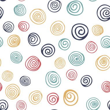 Renkli spiral ve kıvrımlı elementlerle vektörsüz desen. Beyaz arkaplanda soyut şirin desen