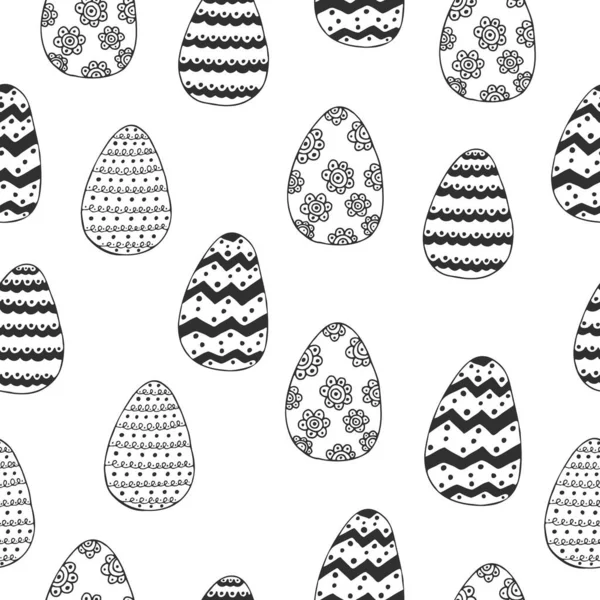 Padrão festivo sem costura vetorial com ovos de Páscoa. Doodles desenhados à mão sobre fundo branco —  Vetores de Stock