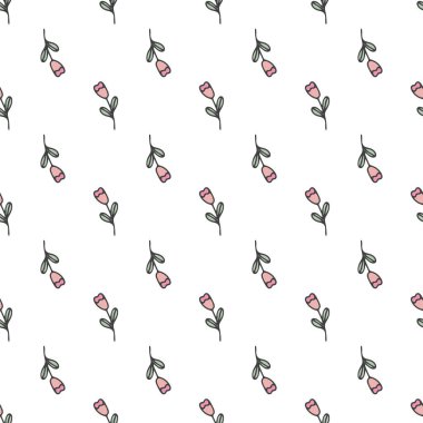 Kusursuz desenli, soyut karalama çiçekli beyaz arka plan. Vektör yinelemesi sevimli arkaplan