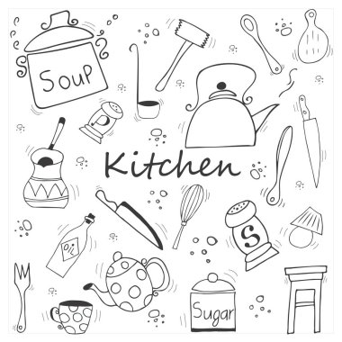 Beyaz arkaplanda mutfak aletleri olan vektör ayarlandı. El çizimi çaydanlık, bıçak, kaşık, tuz, biber, bardak, çaydanlık, şeker