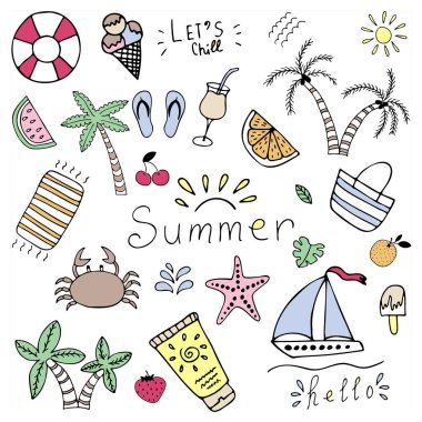 Vektör el beyaz arkaplanda çok renkli yaz ayarı çizdi