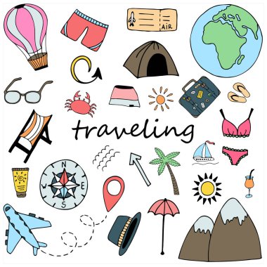 Elle çizilmiş izole edilmiş çok renkli elementlerle vektör karalama seti