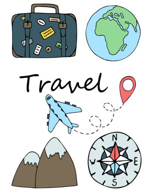 Vector seyahat çizimleri bavul, uçak, dünya, dağlar, pusula ile ayarlandı. İzole elementler