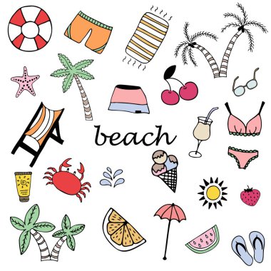 Vector Beach yaz seti, elle çizilmiş karalama elementleri