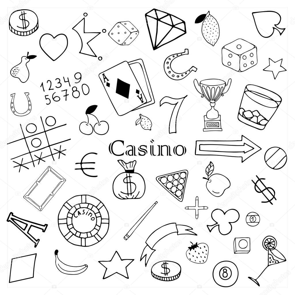 Vector hand drawn doodles with casino elements on white background